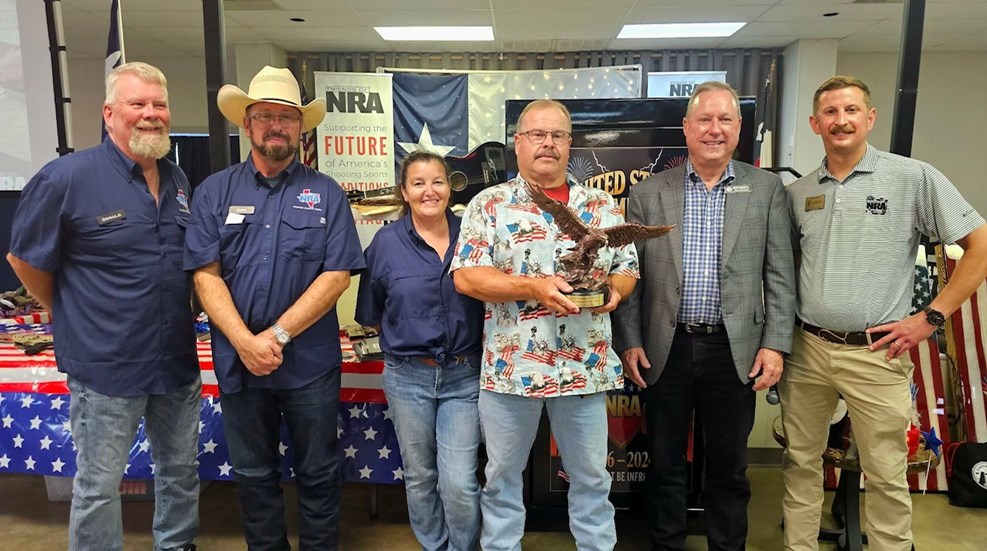 From left to right: Donald Starnes (Committee Secretary) , Don Bullard (Committee Member) , Melinda and LeRoy Pawelek (Committee Treasurer & Chair) , Rocky Marshall (Second Vice President of NRA) and Tyler Ward (South & West Texas NRA Field Representative)